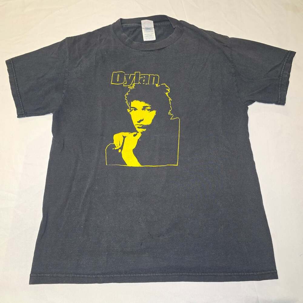 Vintage Bob Dylan Graphic Print Concert T-Shirt Black Yellow Size Small